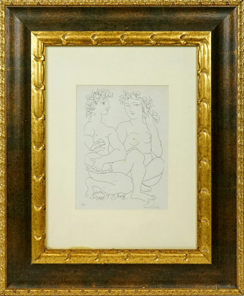 Pablo Picasso - Bacco con tamburello ed una baccante, prova d'autore, cm 23,7x17,5,  tratta dalla raccolta di incisioni in stile neoclassico Suite Voillard, entro cornice.