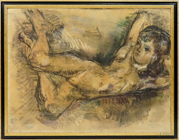 Studio di figura femminile, tecnica mista su carta, cm 80x100, firmato A. Mancini, entro cornice.