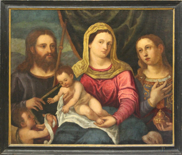 Sacra Famiglia, olio su tela, fine XVII sec., cm 67 x 82, entro cornice.