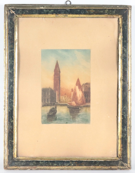 Veduta di Venezia, XX secolo, incisione a colori su carta, cm 40,5x30, entro cornice, (segni di usura, tracce di umidità, gore, foxing, ondulazioni della carta, difetti)