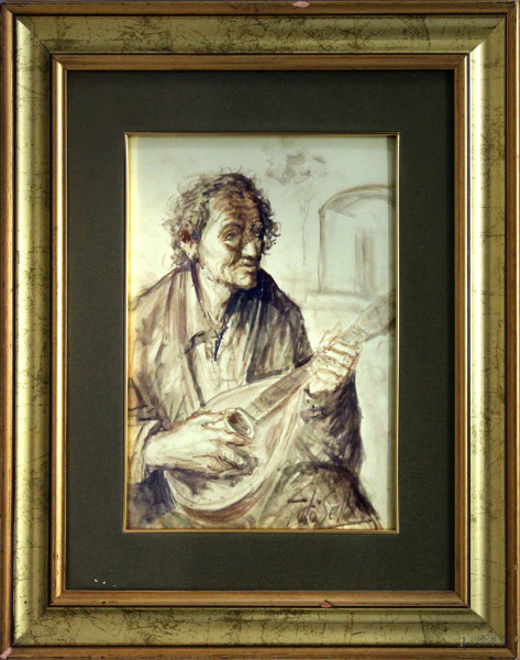 Anziano che suona, acquarello su carta firmato, cm 23 x 32, entro cornice.
