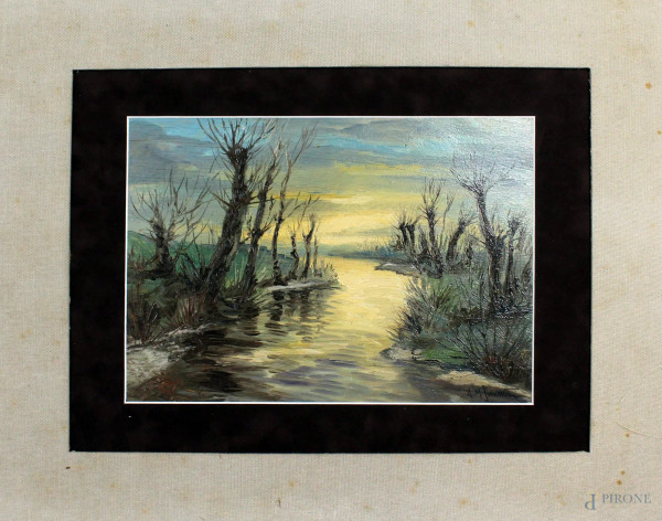 Amedeo  Simonetti - Paesaggio fluviale, olio su tavola, cm. 25x35,5.