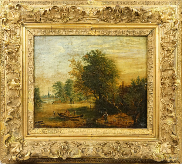 Pittore del XIX secolo, Paesaggio fluviale, olio su tela, cm 32,5 x 38,5, entro cornice