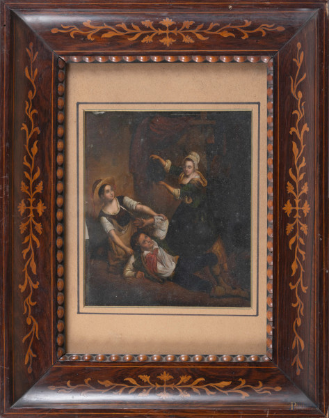 Interno con figure, XIX secolo, olio su metallo, cm 20x17, entro cornice, (piccole cadute di colore, craquelure, segni di usura, graffi, abrasioni, difetti)