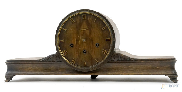 Orologio da tavolo Junghans, prima metà del XX secolo, cassa in legno, quadrante circolare a numeri romani, cm  23x56x13,5, (difetti, meccanismo da revisionare)