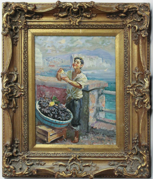 Venditore di cozze, dipinto ad olio su tela, firmato, cm 30 x 40, entro cornice.