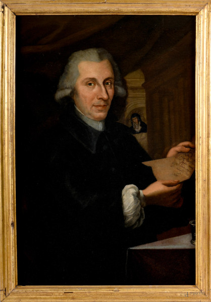 Pittore del XVIII secolo, Ritratto di chierico intento a leggere una lettera devozionale mariana, cm 98x64 entro cornice, (difetti)