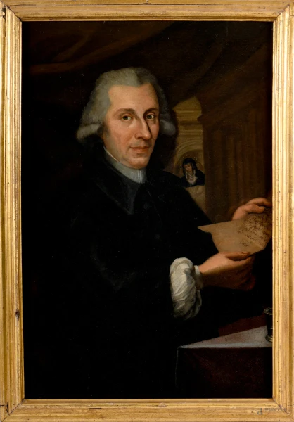 Ritratto di chierico intento a leggere una lettera devozionale mariana, XIX secolo, cm 98x64 entro cornice