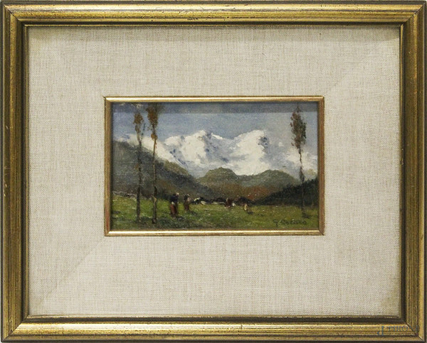 Giovanni Colmo - Paesaggio montano, olio su cartone telato, 9x14 cm, entro cornice.