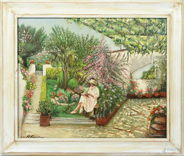 Lettura in giardino, olio su tela, cm 40x50, firmato, entro cornice