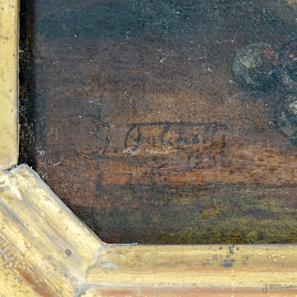 Natura morta con anguria, uva e pesche, olio su cartone, firmato, cm 40x55, entro cornice