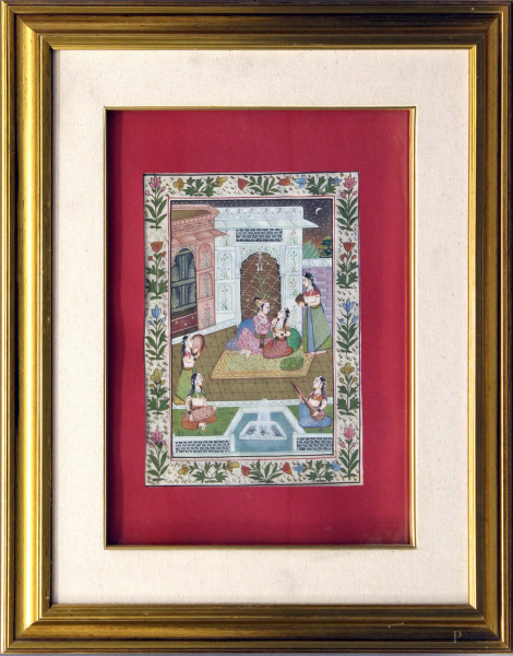 Scena di palazzo reale, dipinto su seta, Arte Orientale, cm 28 x 20, entro cornice.