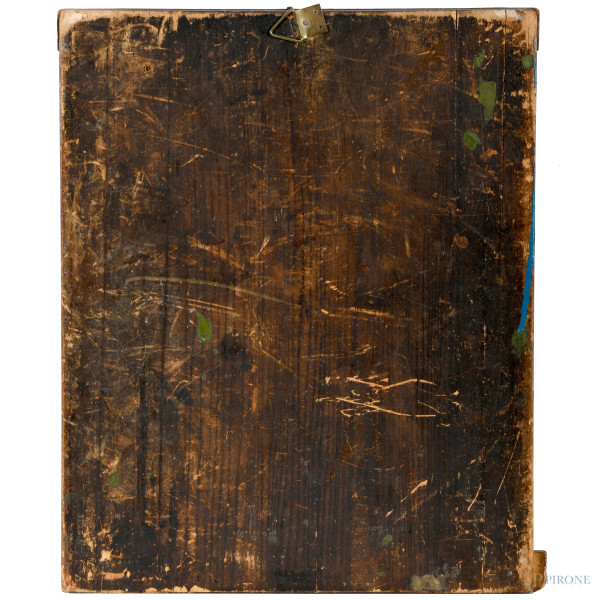 Icona raffigurante Madonna, tempera su tavola, XIX secolo, cm 33x27, (craquelere e cadute di colo...