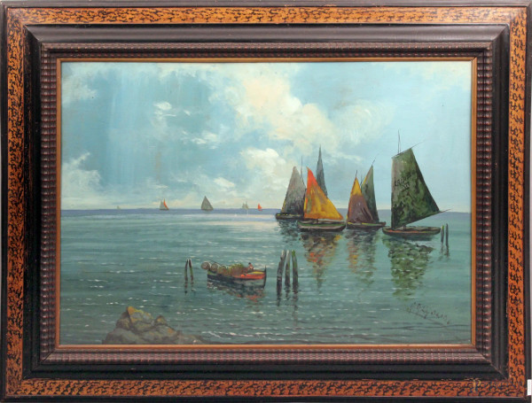 Marina con imbarcazioni, olio su tavola, cm 71x101, firmato, entro cornice.