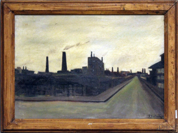 Quartiere industriale a Praga, olio su tela, cm. 66x48, firmato Mucha, entro cornice.