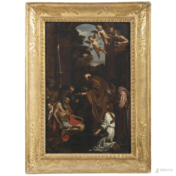 L'ultima comunione di San Girolamo da Domenichino, XX secolo, stampa ritoccata su carta applicata su tela, cm 54x36, entro cornice, (segni di usura, lievi tracce di piegatura)