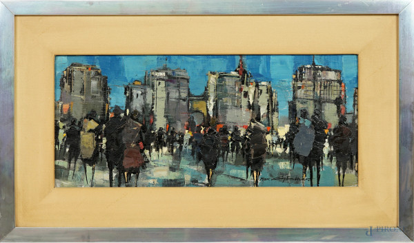 Max Gunther - Città con figure, olio su tela, cm 17x40, firmato in basso a destra, entro cornice