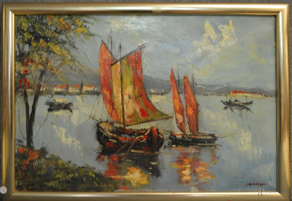 Scorcio di costa con barche e figure,olio su tela 49x69 cm, entro cornice firmato.
