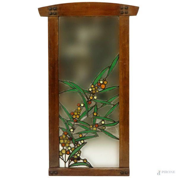 Specchiera Liberty in legno con specchio decorato con paste vitree policrome, cm 91x54