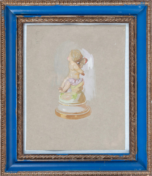 Putto, XX secolo, disegno a tecnica mista su cartoncino, cm 28x21, entro cornice, (segni di usura, difetti)