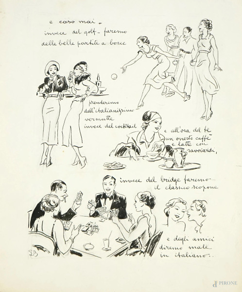 Luigi  Bompard - Scene di vita sociale, disegno a tecnica mista su carta, cm 31,5x26