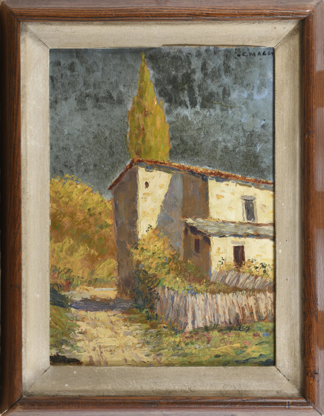 Casolare, XX secolo, olio su cartone, cm 34,5x25, firmato in alto a destra, entro cornice, (segni di usura, ondulazioni del supporto, difetti)