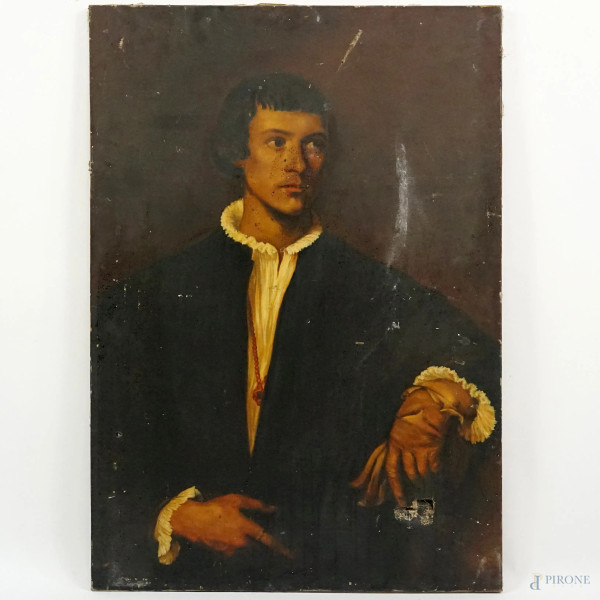 L'Uomo dal guanto, olio su tela, cm 100x70, copia da Tiziano Vecellio, XX secolo, (difetti sulla tela)