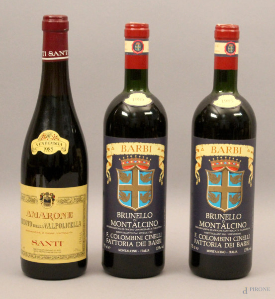 Lotto composto da due bottiglie di Brunello di Montalcino, Cantina Bardi, 1985 e da una bottiglia di Amarone, 1985.