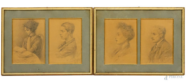 Due coppie di disegni realizzati a matita su carta raffiguranti profili di gentiluomini e gentildonne, misure caduno cm 25,5x18, firmati, entro cornici.