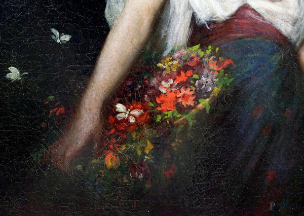 Giovane donna con fiori, olio su tela, cm 110x71, firmato in basso a sinistra e datato 1884, entr...