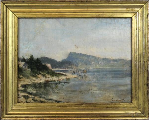Paesaggio lacustre, olio su tela, cm 26x33, firmato Carcano F., entro cornice.