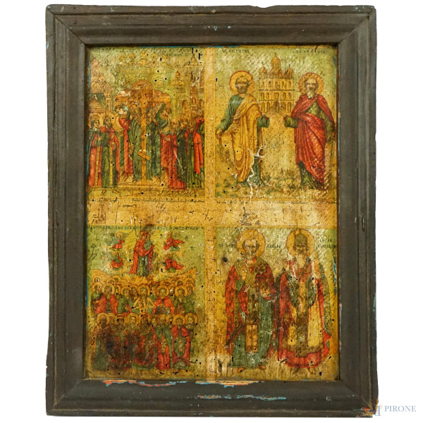Icona greca quadripartita con scene bibliche, stampa applicata su tavola, cm 35,5x29, XX secolo, (difetti).