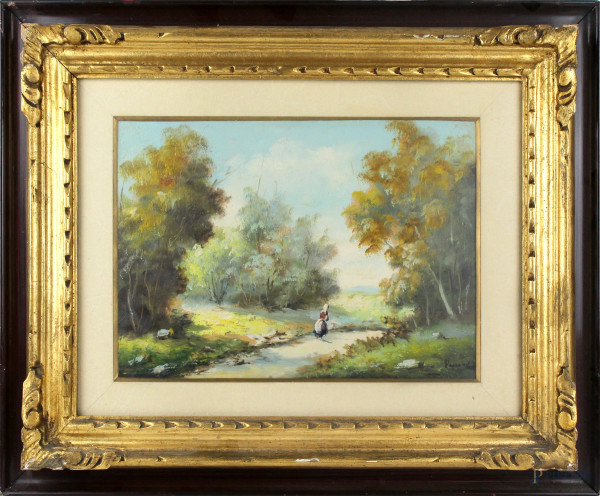 Paesaggio con strada e figura, olio su tavola, cm. 25x34,5, firmato, entro cornice.