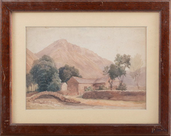 Esterno di casolare con ponte, XX secolo, acquerello su carta, cm 24,5x36,5, entro cornice, (segni di usura, tracce di umidità, gore, foxing, ondulazioni della carta, lacerazioni, difetti)