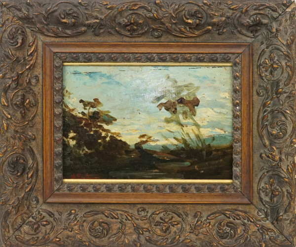 Paesaggio, olio su tavoletta, cm 20x30,5, firmato A.Fontanesi, entro cornice, (lievi difetti).