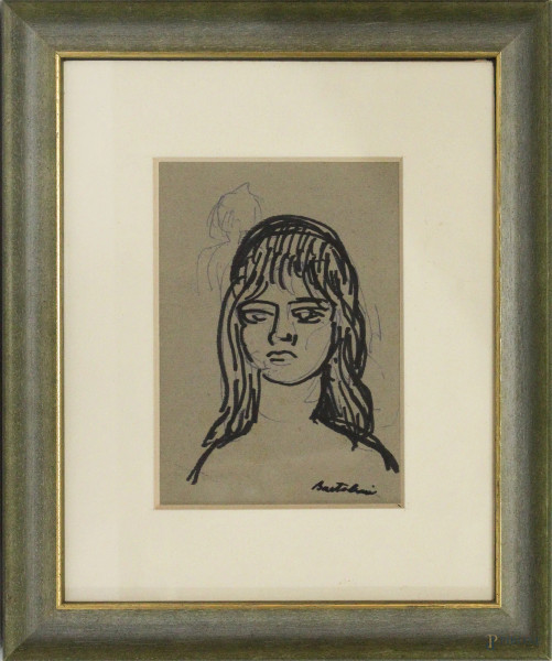 Luigi Bartolini - Volto di ragazza, dipinto a tecnica mista su cartoncino, cm 15 x 20, entro cornice.