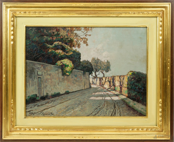 Gino Romiti - Via delle Vignacce (Montenero, Livorno), olio su faesite, cm 40x30, firmato in basso a sinistra, entro cornice, corredato di certificato di autenticità rilasciato dalla Bottega del Quadro di Livorno