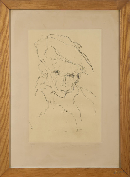 Ernesto Treccani ( 1920 - 2009), Volto virile, litografia su carta es. 52/100, firmato in basso a destra, cm 70x50, entro cornice, (segni di usura, bruniture)