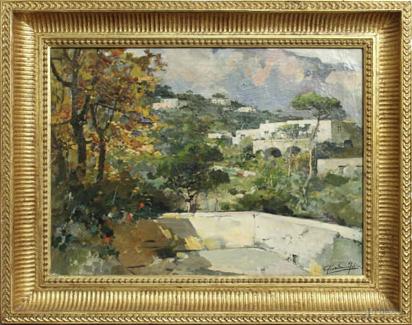 Giordano Felice - Veduta di Capri, dipinto ad olio su tela, cm 40 x 54, entro cornice.