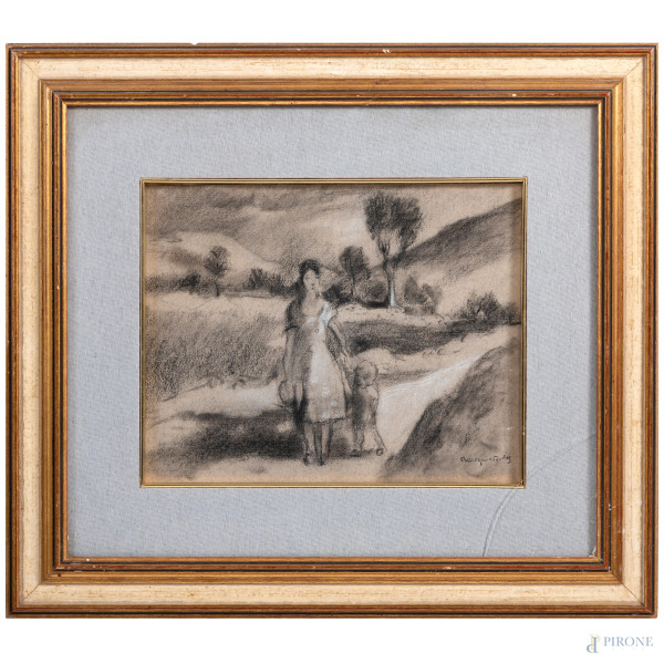 Mogniat Duclos Bertrand (1903-1987), La passeggiata, carboncino e gessetto su carta, cm 25x30, entro cornice