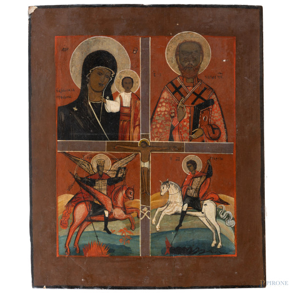 Icona raffigurante Madonna con Bambino e santi, XIX secolo, tempera su tavola, cm 38x31,5, (segni di usura, difetti)