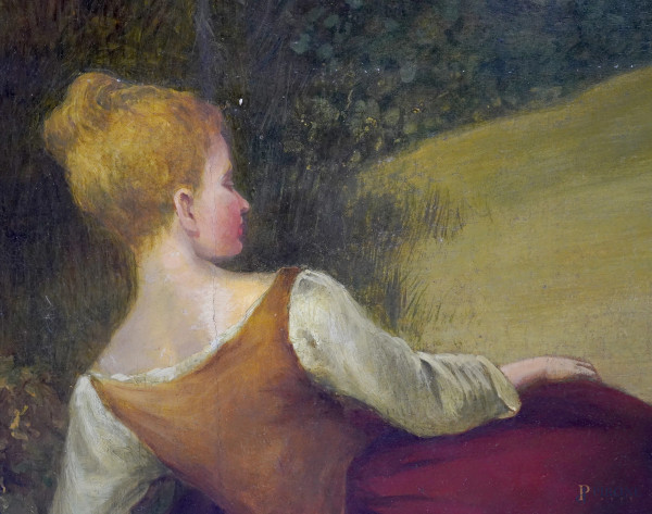 Il gioco dell'aquilone, XIX secolo, olio su tela, cm 190x81, entro cornice, (difetti)