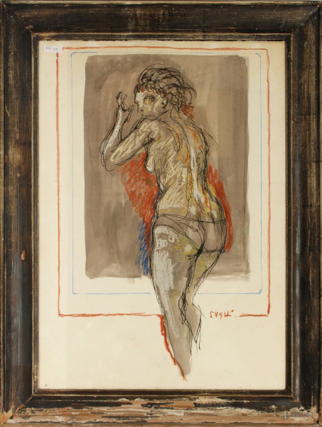 Nudo di donna, dipinto a tecnica mista su carta, firmato Sughi, cm 49 x 69, entro cornice.