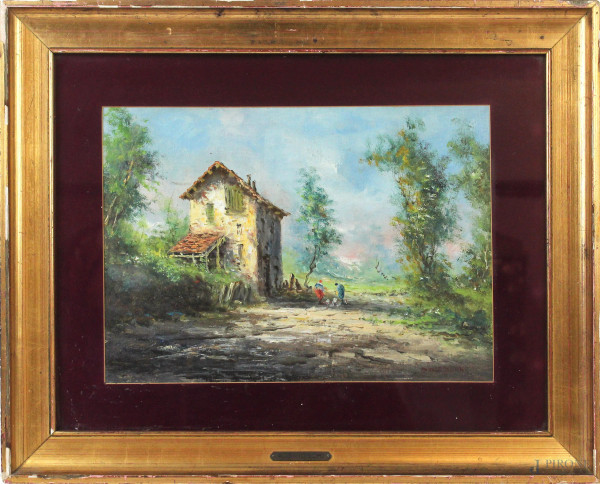 Athos Renzo Brioschi - Paesaggio con figure, olio su tela riportata su cartone, cm.35x45, entro cornice