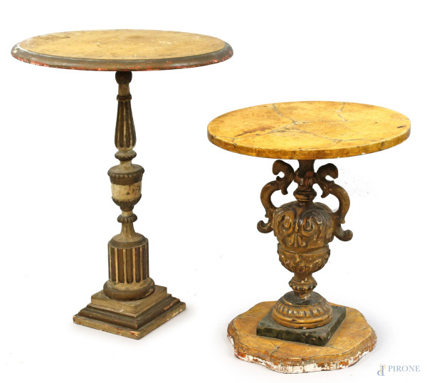 Lotto di due tavolini compositi, realizzati con elementi antichi in legno laccato e dorato, alt. max cm 70, diam. max cm 55 (difetti)