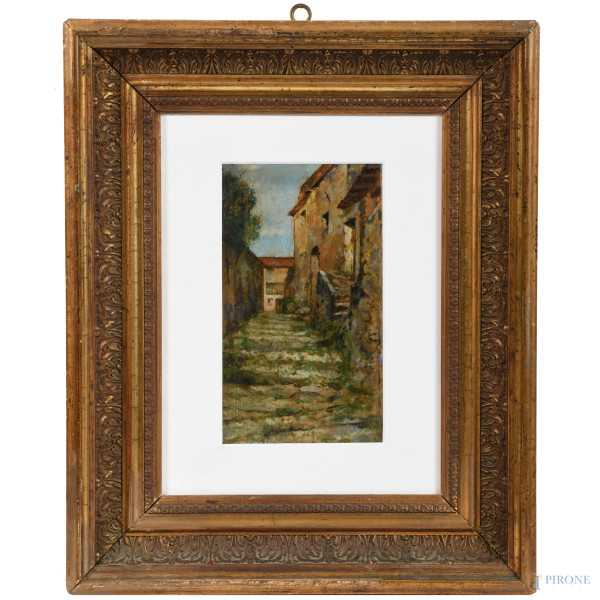 Scorcio di vicolo, XIX scolo, olio su tavoletta, cm 23x14, iscritto al retro, entro cornice