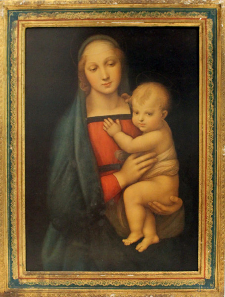 Madonna con bambinello, antica oleografia, cm. 62x44, entro cornice.