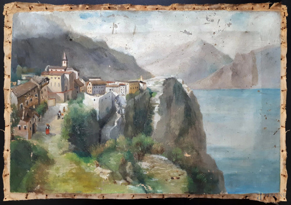 Artista del Novecento, scorcio di paesino arroccato con vista lago, anni 30, olio su tela, cm 32x47 
