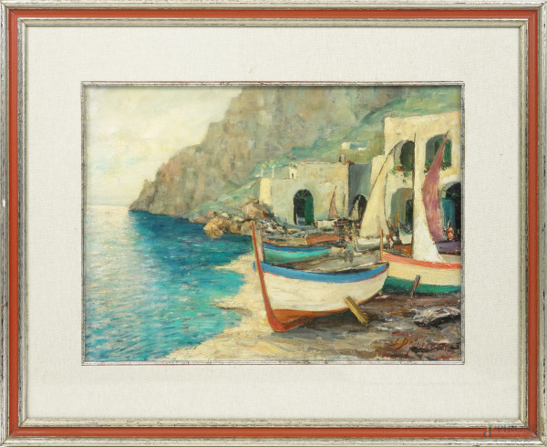 Barche a riva, olio su cartone telato, cm 31x39, firmato in basso a destra