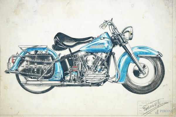 Harley Davidson, disegno a pastello su carta, cm 33x48, firmato, (difetti).